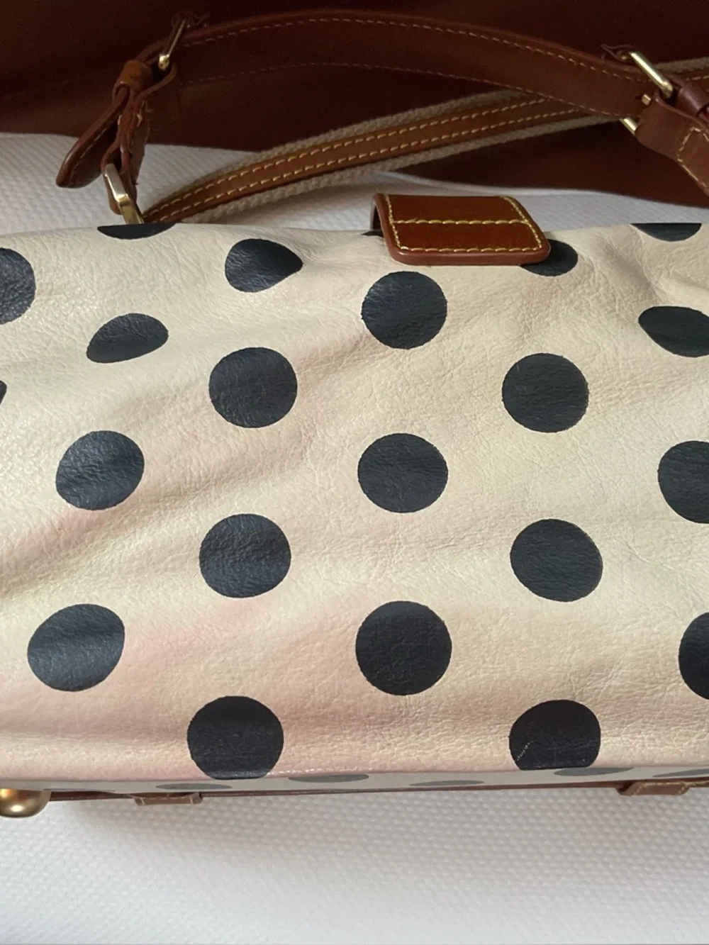 Anthropology .  HOLDING HORSES Cream Polka Dot Shoulder Satchel with Brown Trim - Picture 6 of 6